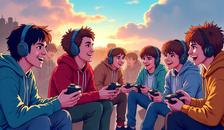Illustration de personnes jouant à des jeux vidéo avec des skins