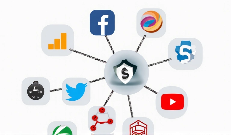 Icons representing various third-party services like Google Analytics, Facebook, Twitter, indicating data sharing and cookies