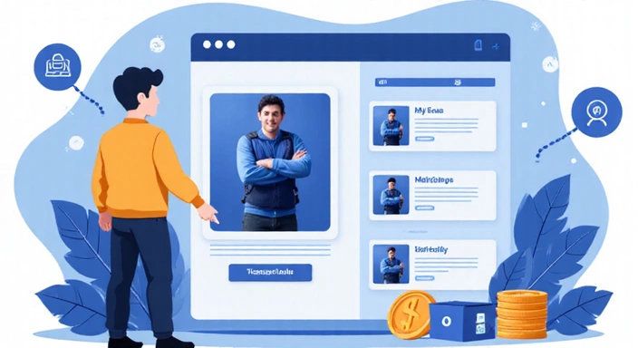 Illustration d'un joueur vendant un skin avec des icônes de profit et de sécurité