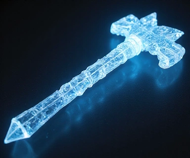 Arme de mêlée avec un skin de cristal luminescent, émettant une douce lumière bleue, sans texte.