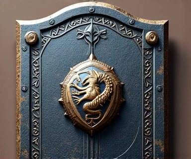 Bouclier décoré de motifs runiques et d'un emblème de dragon, sans texte.