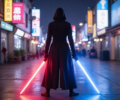 Personnage avec un skin de ninja futuriste, armé de katanas énergétiques, sans texte.