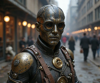 Personnage de jeu vidéo avec un skin steampunk détaillé et des engrenages visibles, sans texte.