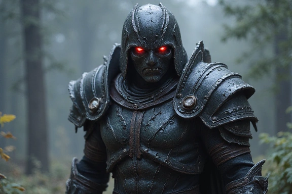 Personnage fantaisie avec un skin de chevalier sombre aux armures déchiquetées et aux yeux rouges brillants, sans texte.