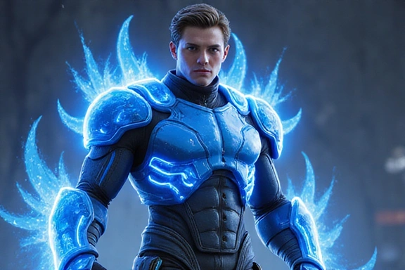 Personnage de jeu vidéo avec une armure futuriste bleue et des effets lumineux, sans texte.