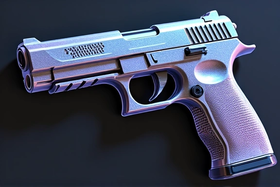 Pistolet de science-fiction avec un skin holographique et des reflets irisés, sans texte.