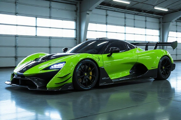 Véhicule de course futuriste avec un skin aérodynamique vert fluo et noir, sans texte.