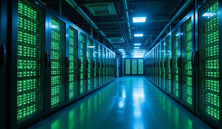 Image représentant des serveurs sécurisés et une infrastructure de données avec des lumières vertes et bleues