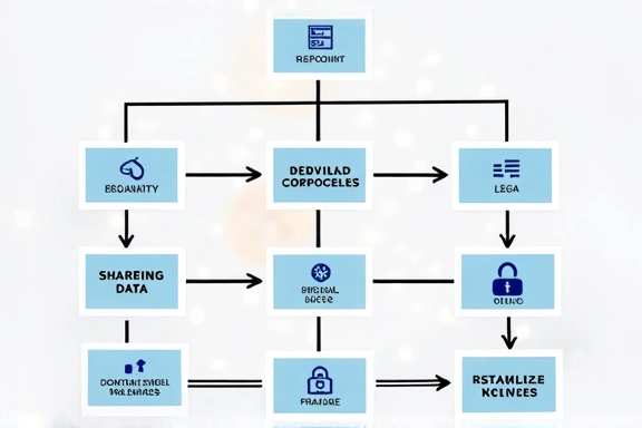 Illustration de différentes entités partageant des données, avec des liens sécurisés