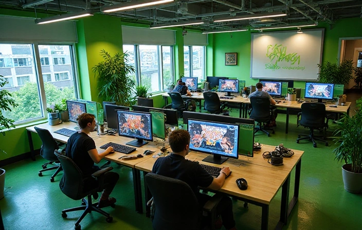 Vue d'ensemble du bureau de GreenVary avec des écrans affichant des skins de jeux vidéo et des designers travaillant