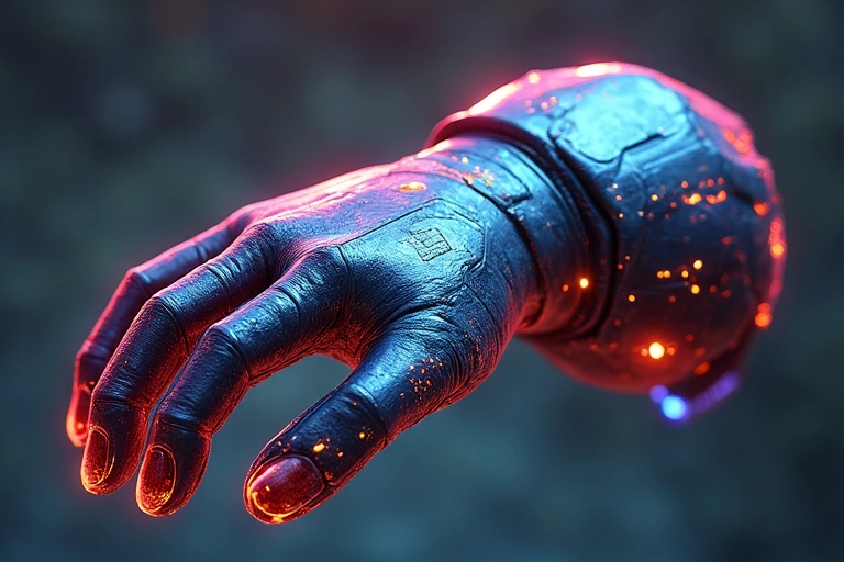 Un skin rare de gant de jeu vidéo, avec des couleurs vibrantes et un design futuriste, représentant une possession de valeur dans le jeu.