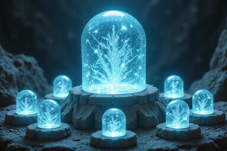 Une image stylisée représentant une rareté extrême dans les jeux vidéo, avec des artefacts lumineux et des symboles anciens qui brillent d'une lumière éthérée.